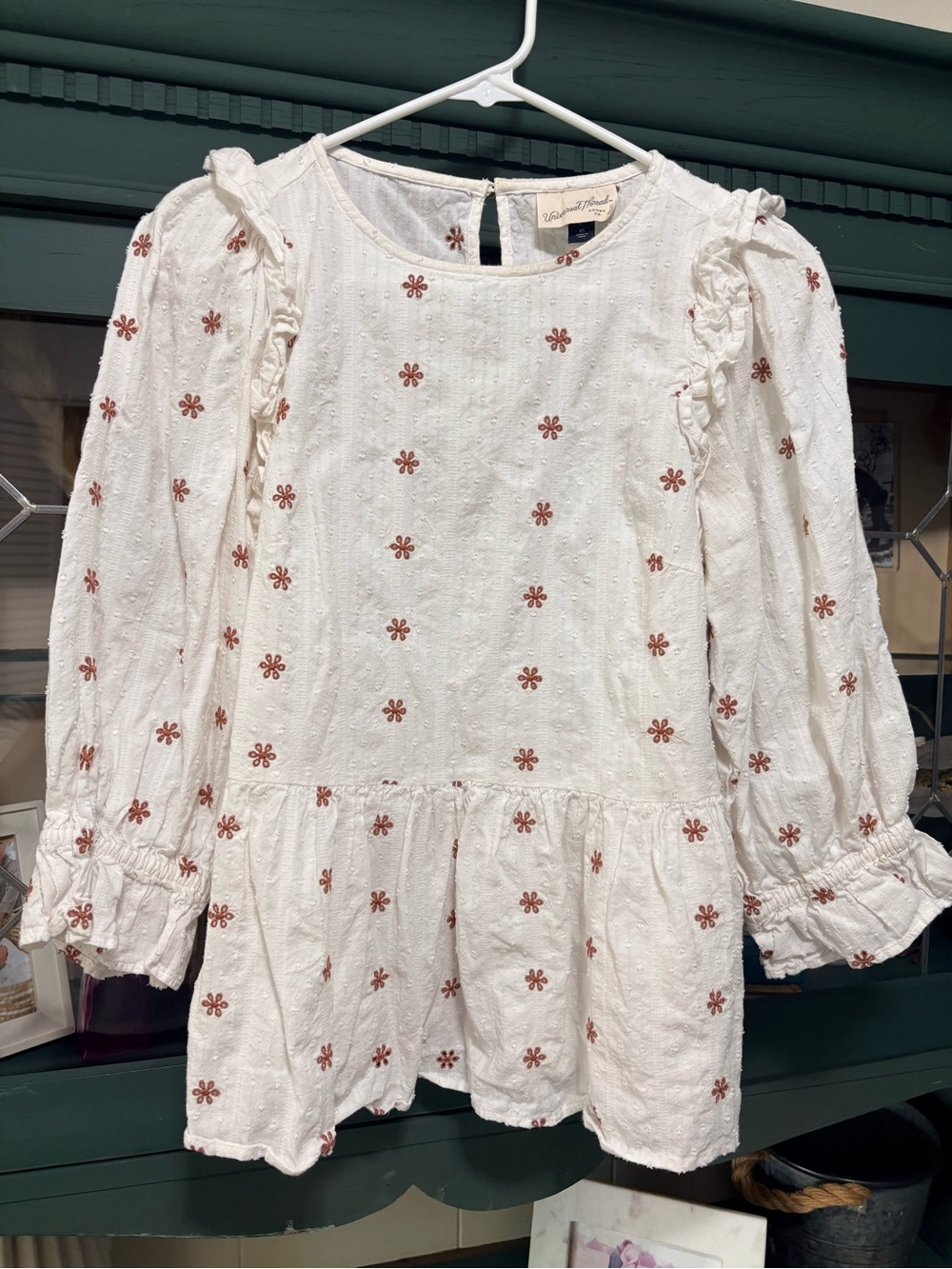 Universal Thread White Textured Cotton Top with Rust Embroidery